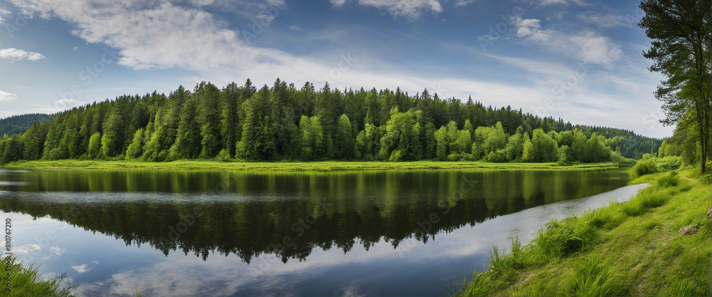Fototapeta premium beautiful nature landscape with big lake, magical panorama on country side