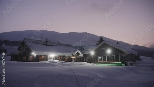 Winter Wonderland With Accommodations Near Gulmarg During Nighttime In Jammu and Kashmir, India. Static Shot photo