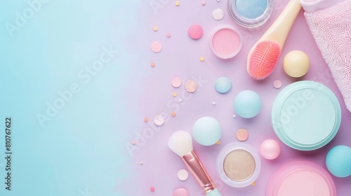 A collection of makeup products, including a pink and blue eye shadow