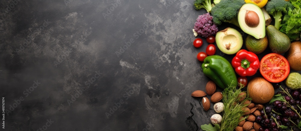 A top view of a stone background decorated with a variety of fresh vegetables nuts and fruits symbolizing the concept of healthy food The image provides ample copy space A top view of a stone background decorated with a variety of fresh vegetables nuts and fruits symbolizing the concept of healthy food The image provides ample copy space