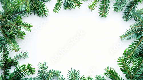 Frame made of green fir branches on white background 