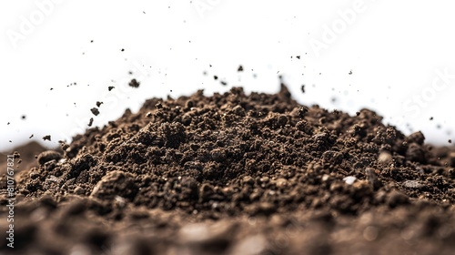 Close-up of soil dirt in mid-scatter, forming a pile on an isolated white backdrop under studio lighting, perfect for texture details