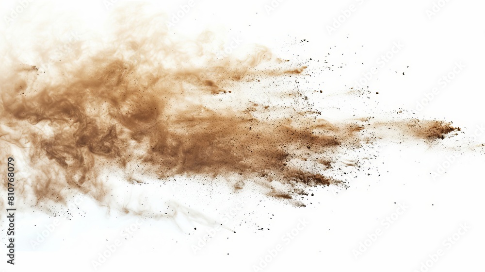 Detailed close-up of a sandstorm dust cloud, small particles flying through the air, isolated on a white background, studio-lit Detailed close-up of a sandstorm dust cloud, small particles flying through the air, isolated on a white background, studio-lit
