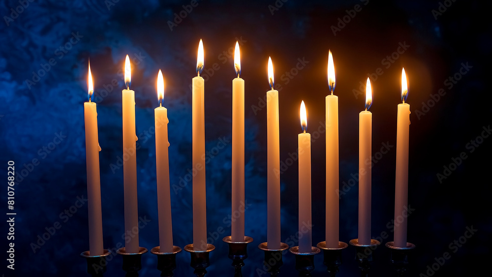 Silver Menorah with Lit Candles. Jewish Tradition, Hanukkah Celebration, Symbol of Faith. Silver Menorah with Lit Candles. Jewish Tradition, Hanukkah Celebration, Symbol of Faith.