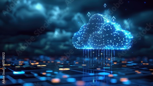 Abstract digital cloud with arrows up and down and dollar coins tower.