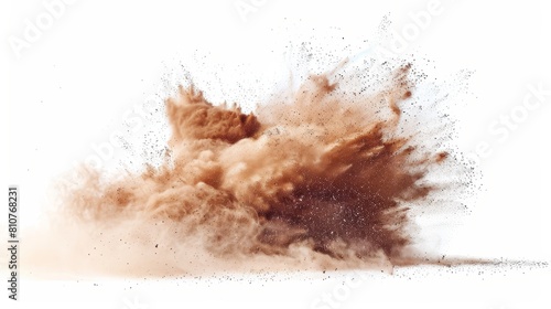 Dynamic shot of small flying particles in a sandstorm dust cloud, isolated on a white background, studio lighting for clarity
