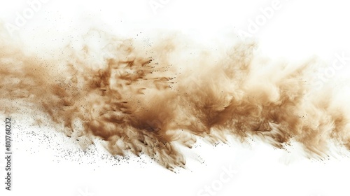 Dynamic sandstorm swirling in a dust cloud, small sand particles visibly flying through the air, isolated on a white background