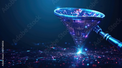 Abstract funnel with data stream and hand with magnifying on dark blue background.