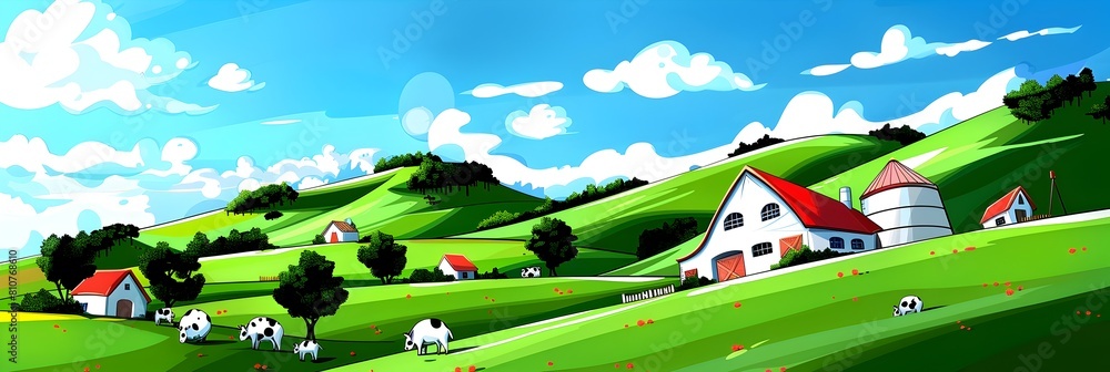 Charming Countryside Farm Scene with Rolling Hills Barns and Grazing ...