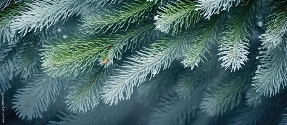 A copy space image of evergreen pine needles adorned with white elements A copy space image of evergreen pine needles adorned with white elements