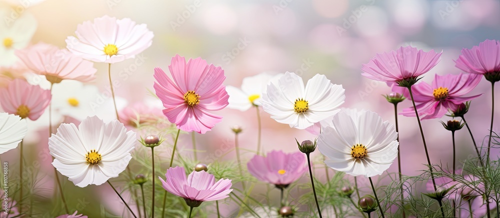 Softly blurred background with a close up view of pink and white cosmos flowers in a garden creating a serene copy space image Softly blurred background with a close up view of pink and white cosmos flowers in a garden creating a serene copy space image