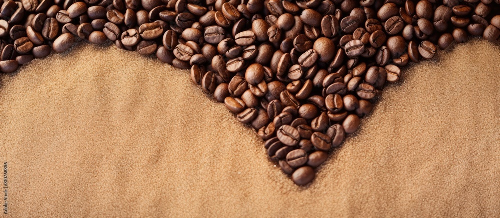 A heart shaped arrangement of coffee grains is placed on sand symbolizing the affection for coffee The design offers copy space and is captured from a top down perspective