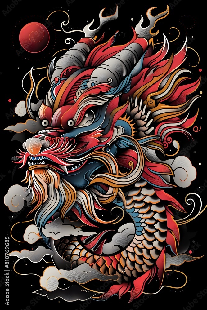 Fierce Mythical Chinese Dragon with Intricate Tattoo Inspired Linework and Graphic Elements