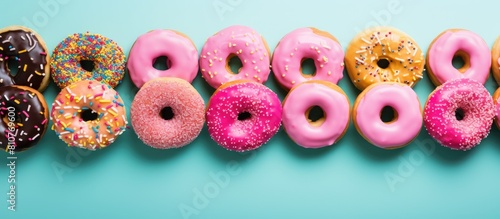 Delicious donuts on a vibrant backdrop perfect for copy space image
