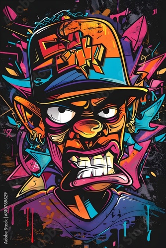 Exaggerated Graffiti Character Design for Streetwear T Shirt on Black Background