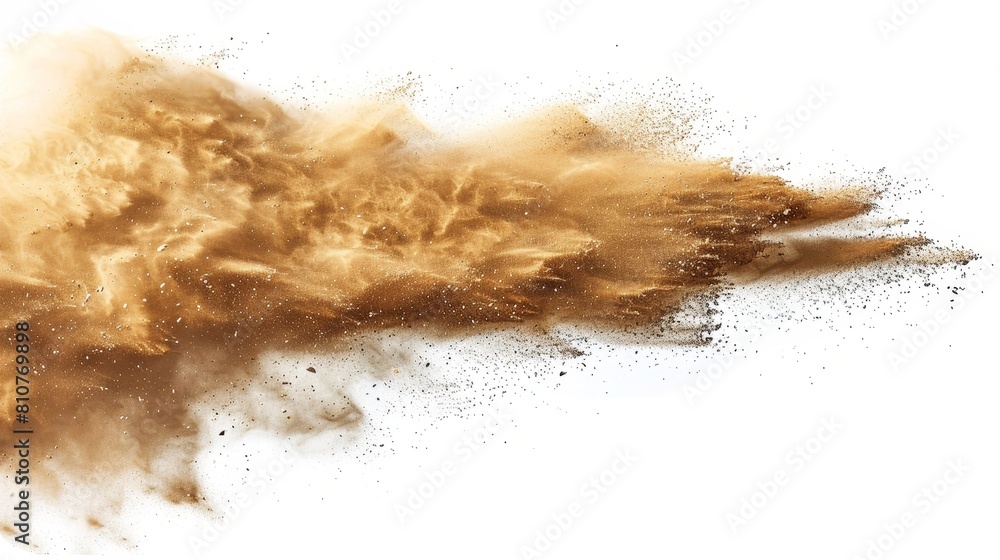 Flying sand particles in a swirling dust cloud, sandstorm captured against a white background, with studio lighting for impact Flying sand particles in a swirling dust cloud, sandstorm captured against a white background, with studio lighting for impact