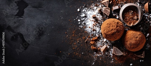 A top view of a chocolate truffle candy on a dark stone background adorned with cacao powder chocolate chips and silver sugar thongs Copy space image photo