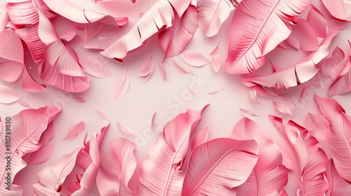 Feminine floral pattern of pink banana leaves, rendered in 3D effect for a textured wall look against a white-pink background