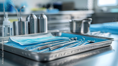 Medical equipment on a tray after disinfection, Scene details of operating theater after surgical operation, gloves spotted with blood along container tweezers and scissors of suture, Generative Ai  photo