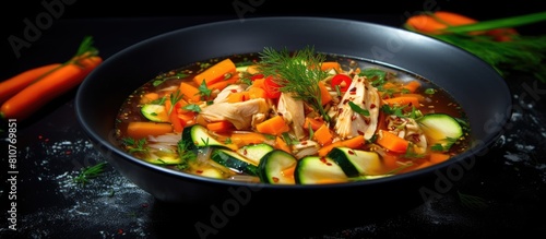 A close up copy space image of an Asian chicken and vegetable soup garnished with zucchini red pepper and carrot served in a blue bowl on a black marble background
