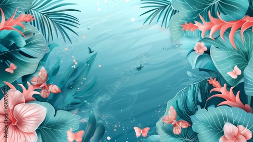 Floral background illustration featuring butterfly ginger and pink tropical leaves, abstractly set against an ocean vacation backdrop