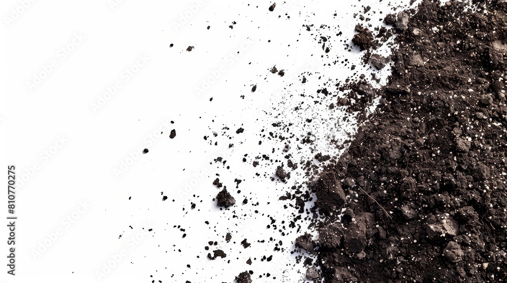 High-definition studio-lit top-down view of soil dirt piles flying and scattered across a clean white background High-definition studio-lit top-down view of soil dirt piles flying and scattered across a clean white background