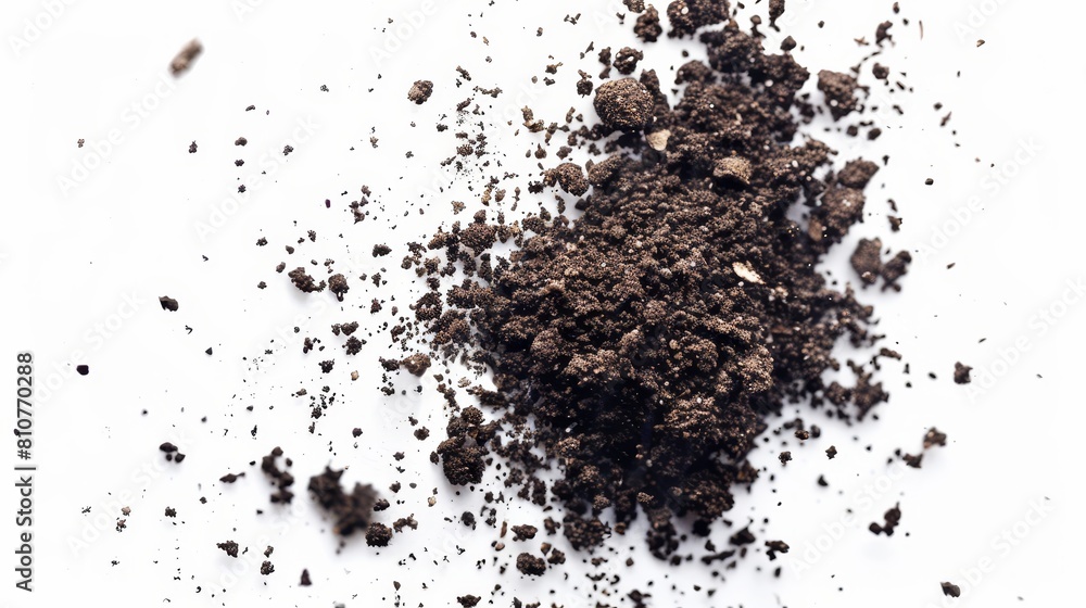 High-definition studio-lit top-down view of soil dirt piles flying and scattered across a clean white background High-definition studio-lit top-down view of soil dirt piles flying and scattered across a clean white background