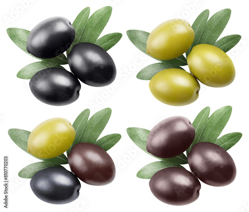 Set of delicious olives with leaves  cut out