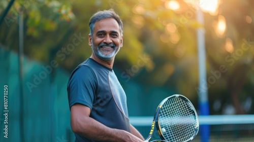 Middle-aged Indian male tennis player holding racket at court, ready to play match and posing for photo. Fictional Character Created By Generative AI.  photo