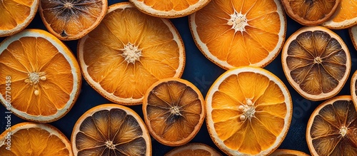 Handmade dried oranges with a copious amount of dried orange fruit visible creating a visually appealing copy space image