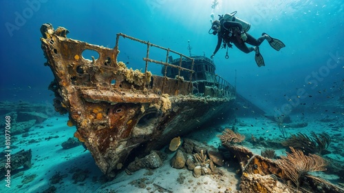 Scuba diver exploring a mysterious underwater shipwreck © vitanovski