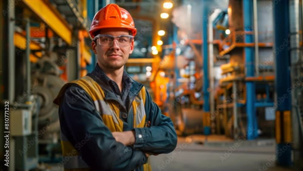 happy professional heavy industry engineer stands in a factory, happy professional heavy industry engineer stands in a factory,