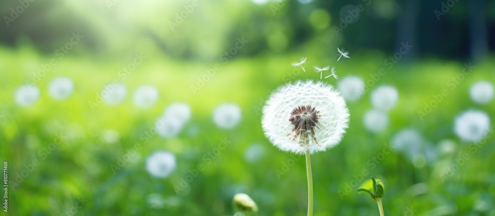 A fluffy white dandelion rests on a lush green backdrop providing ample space for text copy space image A fluffy white dandelion rests on a lush green backdrop providing ample space for text copy space image