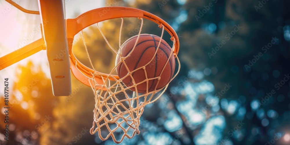 Basketball going through hoop in basketball court, closeup action shot photo. Basketball going through hoop in basketball court, closeup action shot photo.