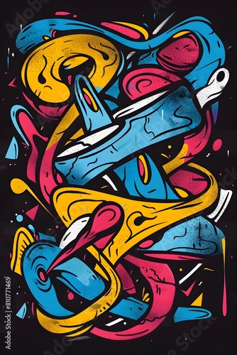 Vibrant Abstract Street Art Design with Layered Textures and Vivid Colors on Dark Background
