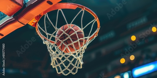 Basketball going through hoop in basketball court, closeup action shot photo. photo