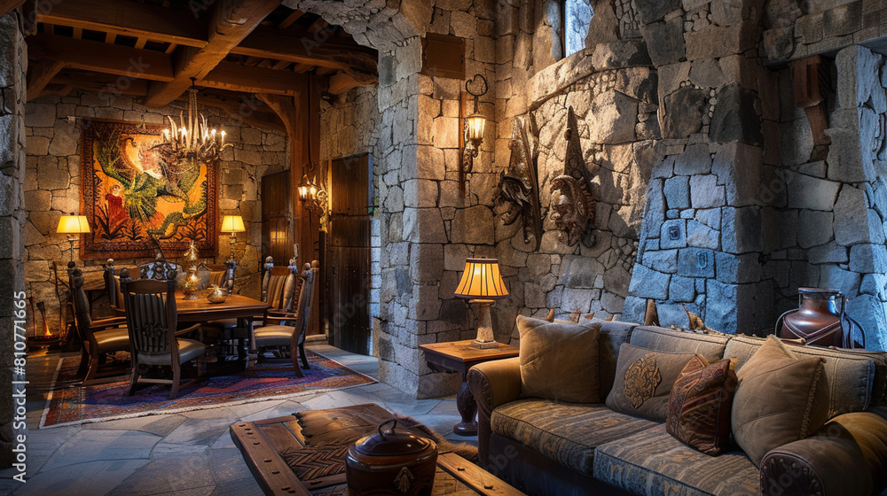 Stone wall and furnishing form comfortable escape the heart castle mystical interior. Generative Ai