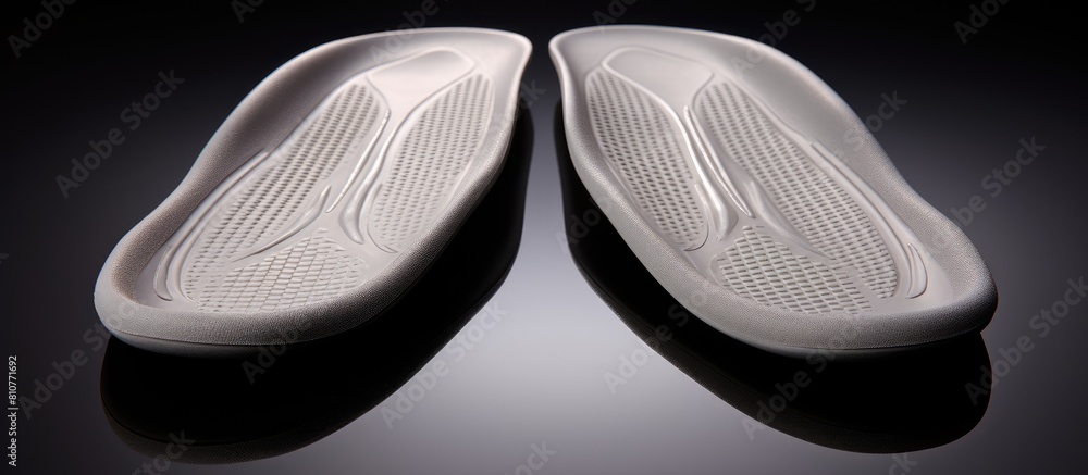 The grey orthopedic insoles are presented on a white background providing ample copy space for any accompanying image The grey orthopedic insoles are presented on a white background providing ample copy space for any accompanying image