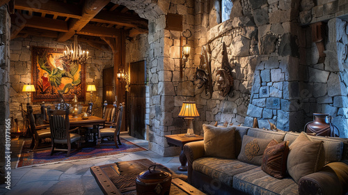Stone wall and furnishing form comfortable escape the heart castle mystical interior. Generative Ai photo