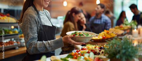 A smiling server presents a bowl of fresh salad at a vibrant buffet, inviting a healthy option. photo