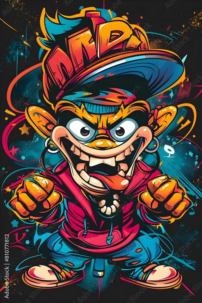 Vibrant Graffiti inspired Streetwear Character with Exaggerated Cartoon Features on Edgy Black Background