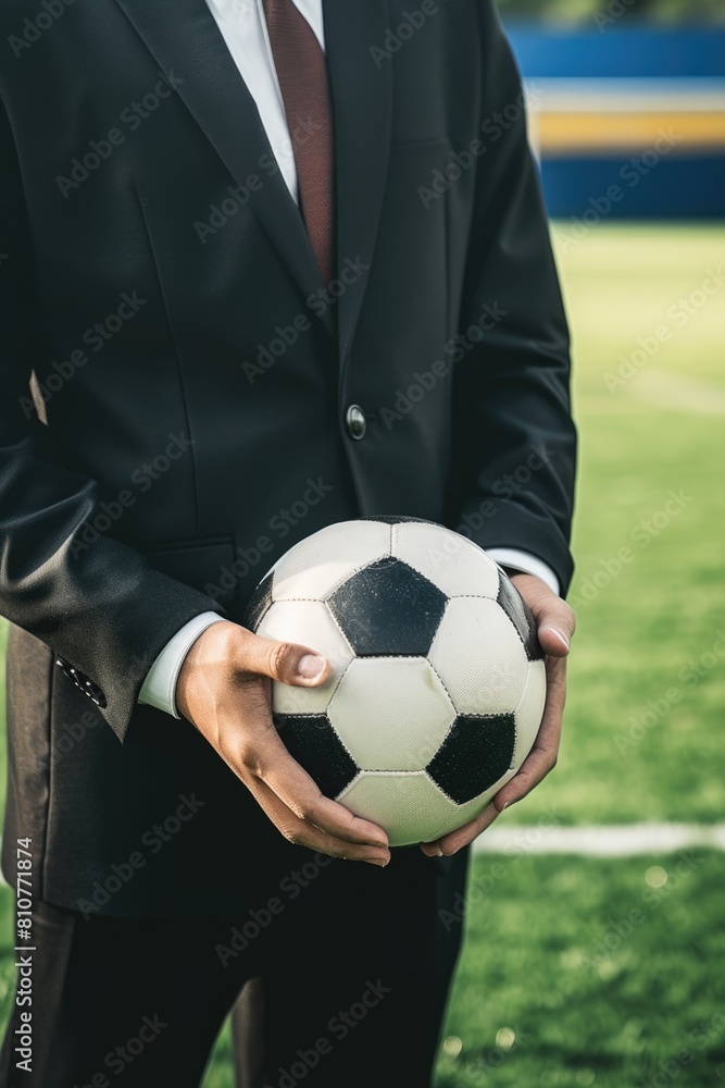 Soccer Sporting Director or Businessman Holding Football at Field, Closeup Shot. Soccer Sporting Director or Businessman Holding Football at Field, Closeup Shot.