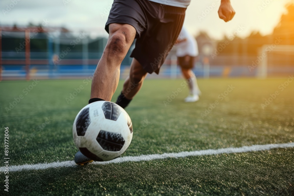 Soccer Player Kicking Ball for Winning Goal at Field, Close Up Shot. Soccer Player Kicking Ball for Winning Goal at Field, Close Up Shot.