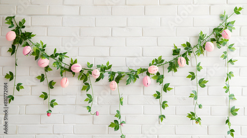 Easter garland hanging on white brick wall