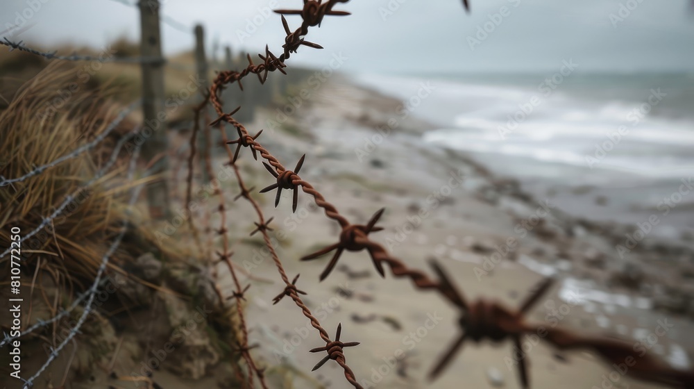 Obraz premium During the Normandy landings in World War II metal barbed wire served as a vital protection measure along the beaches