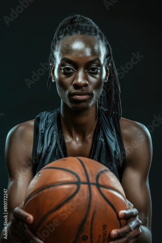 Young African female basketball player holding ball, ready to play match on dark background photo. Fictional Character Created By Generative AI.  photo
