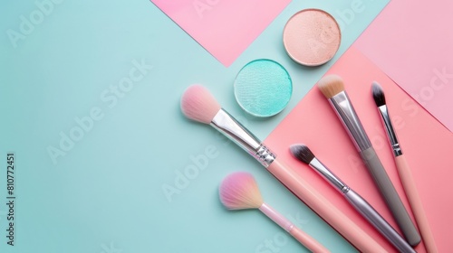 A colorful array of makeup products, including a blue, pink, and purple powder