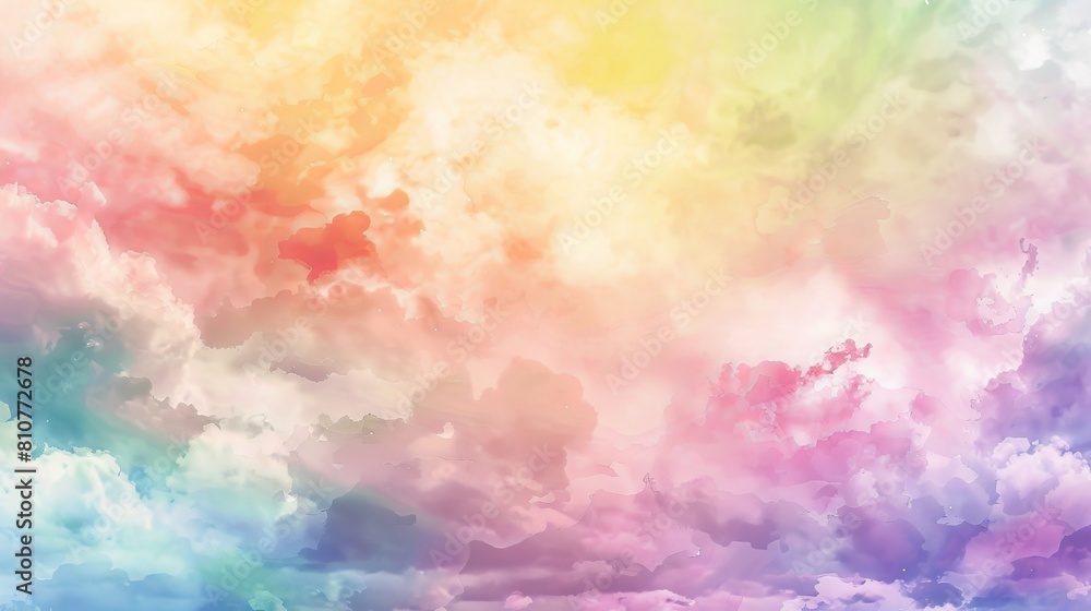 Playful watercolor sunset sky in pastel rainbow tones of pink, yellow, green, and purple, fluffy clouds spreading joy in this abstract banner