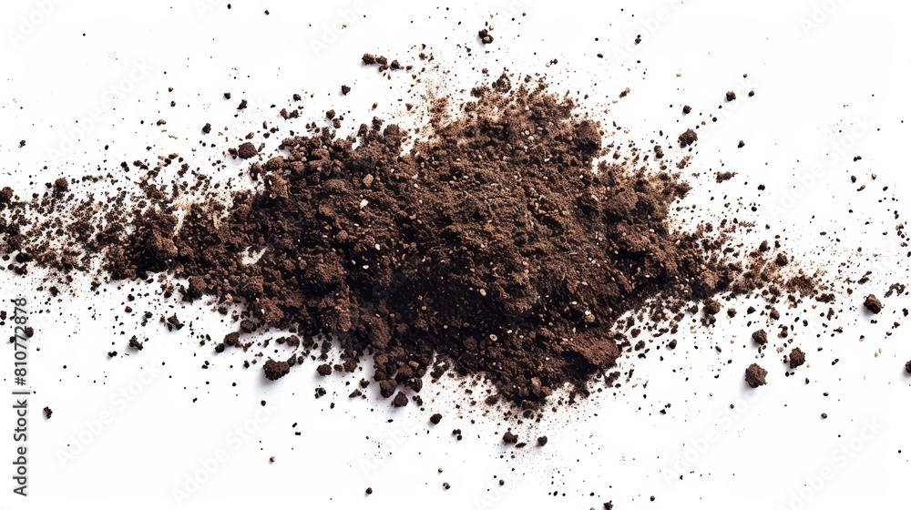 Soil dirt piles captured mid-air from a top-down perspective, isolated on white, illustrating each flying grain under precise lighting Soil dirt piles captured mid-air from a top-down perspective, isolated on white, illustrating each flying grain under precise lighting