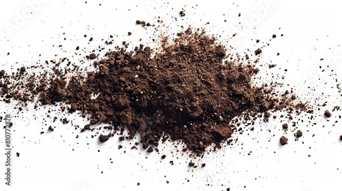 Soil dirt piles captured mid-air from a top-down perspective, isolated on white, illustrating each flying grain under precise lighting